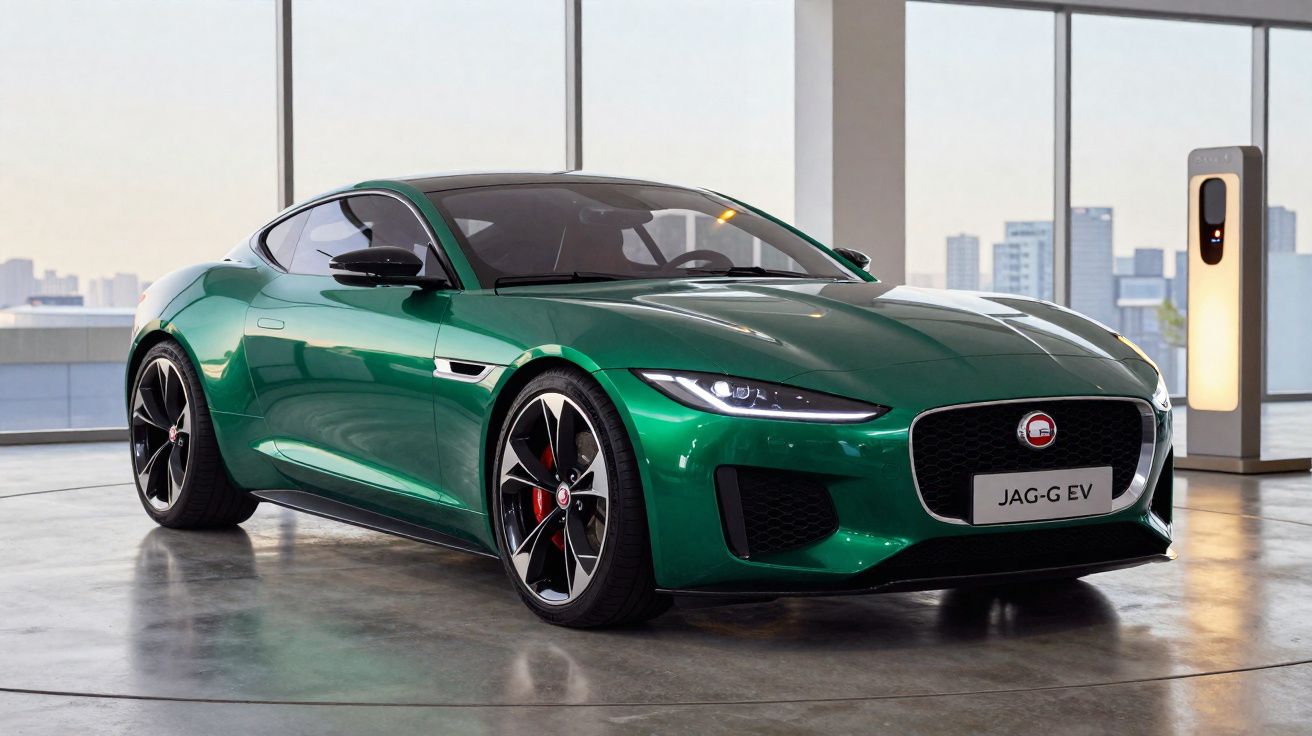 Carro desportivo eléctrico verde Jaguar estacionado em ambiente interior moderno e minimalista.