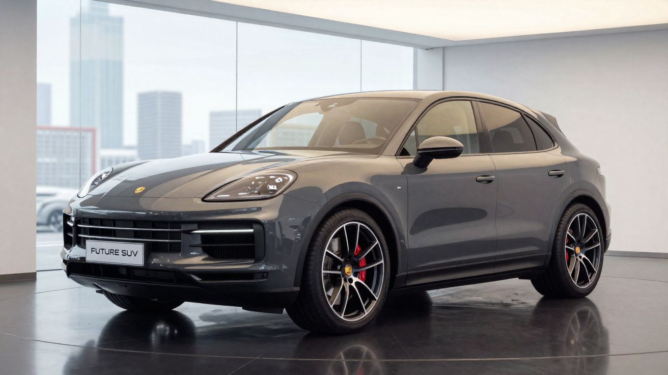SUV cinzento moderno Porsche Future exposto em showroom com janelas amplas e vista urbana ao fundo.