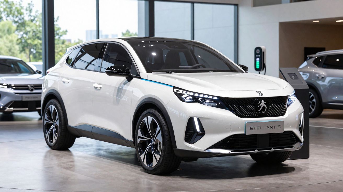 Automóvel branco elétrico Peugeot SUV exposto em showroom moderno com carregador ao fundo.