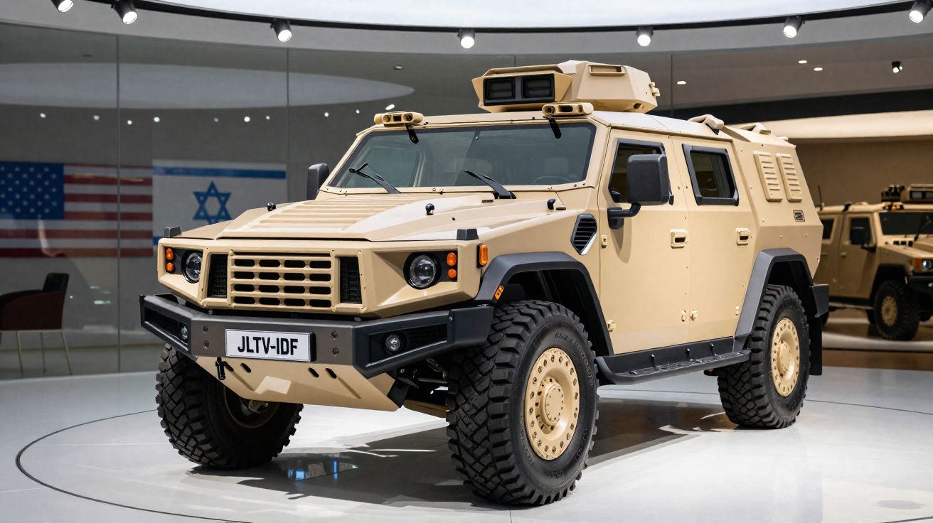 Veículo blindado militar bege em exposição com bandeiras dos EUA e Israel ao fundo.
