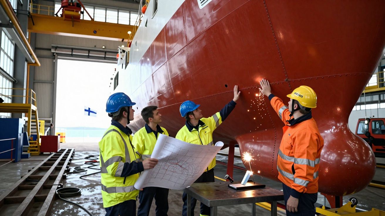 Quatro trabalhadores com capacetes e coletes de segurança inspecionam e soldam o casco de um grande navio em estaleiro.