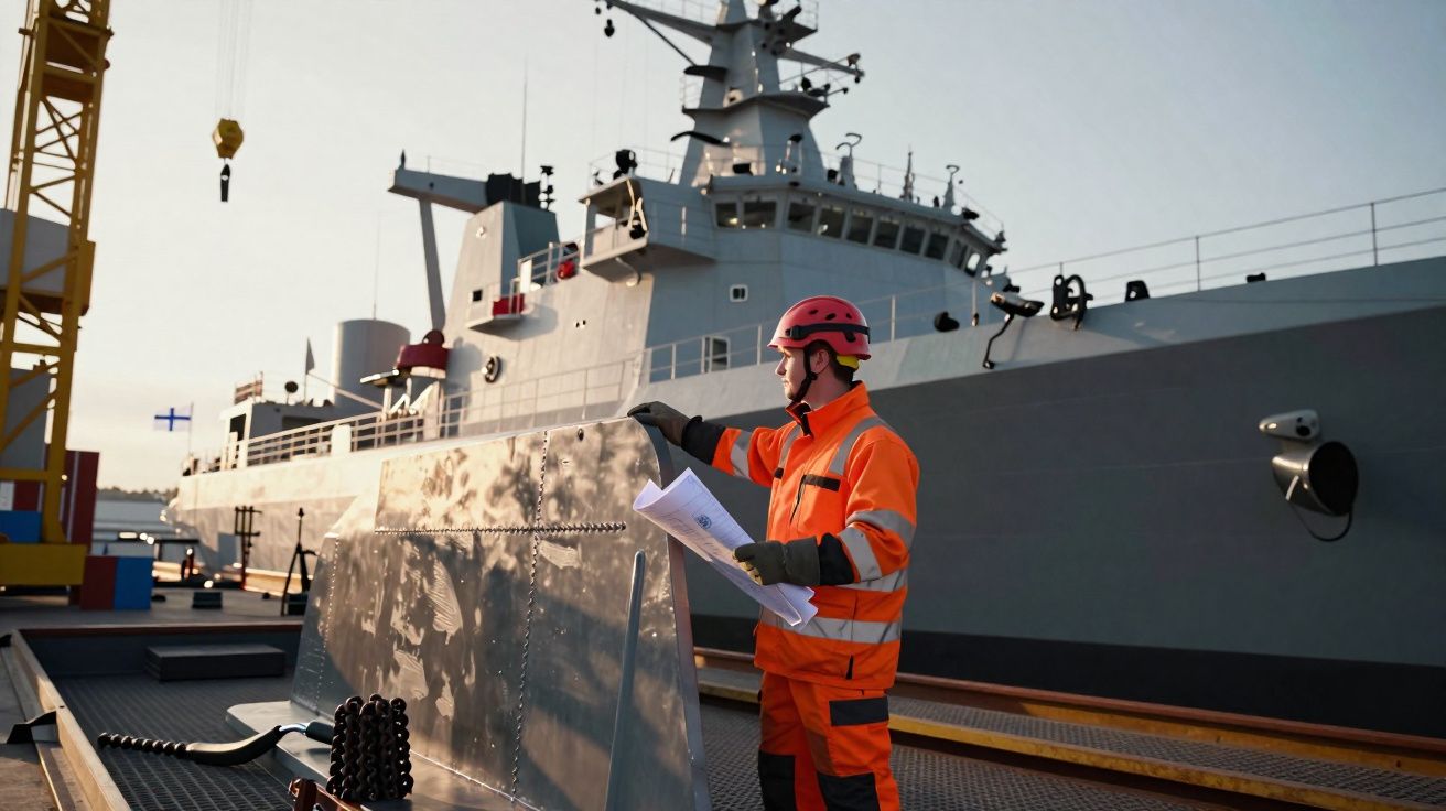 Trabalhador com capacete vermelho e fato laranja verifica documentos junto a um navio militar cinza.