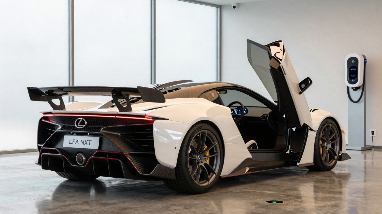 Carro desportivo Lexus branco com porta aberta, carregador elétrico na parede, piso cinza brilhante.