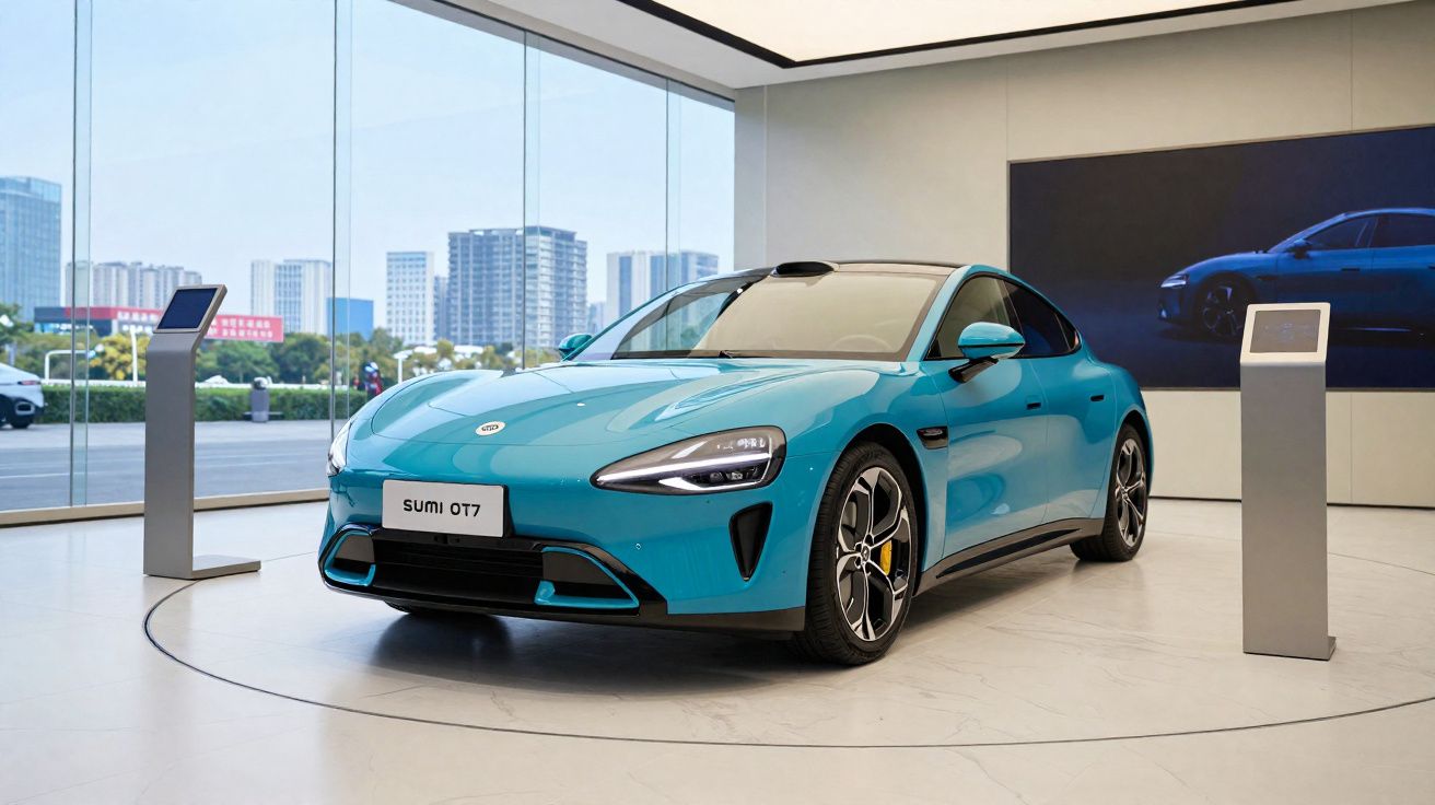 Carro elétrico azul Sumi 077 exibido em showroom moderno com janelas amplas e monitores digitais.