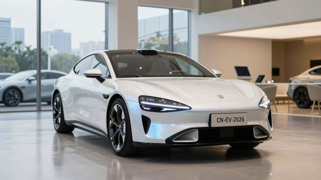 Carro elétrico branco moderno estacionado em showroom com janelas amplas e outra viatura ao fundo.