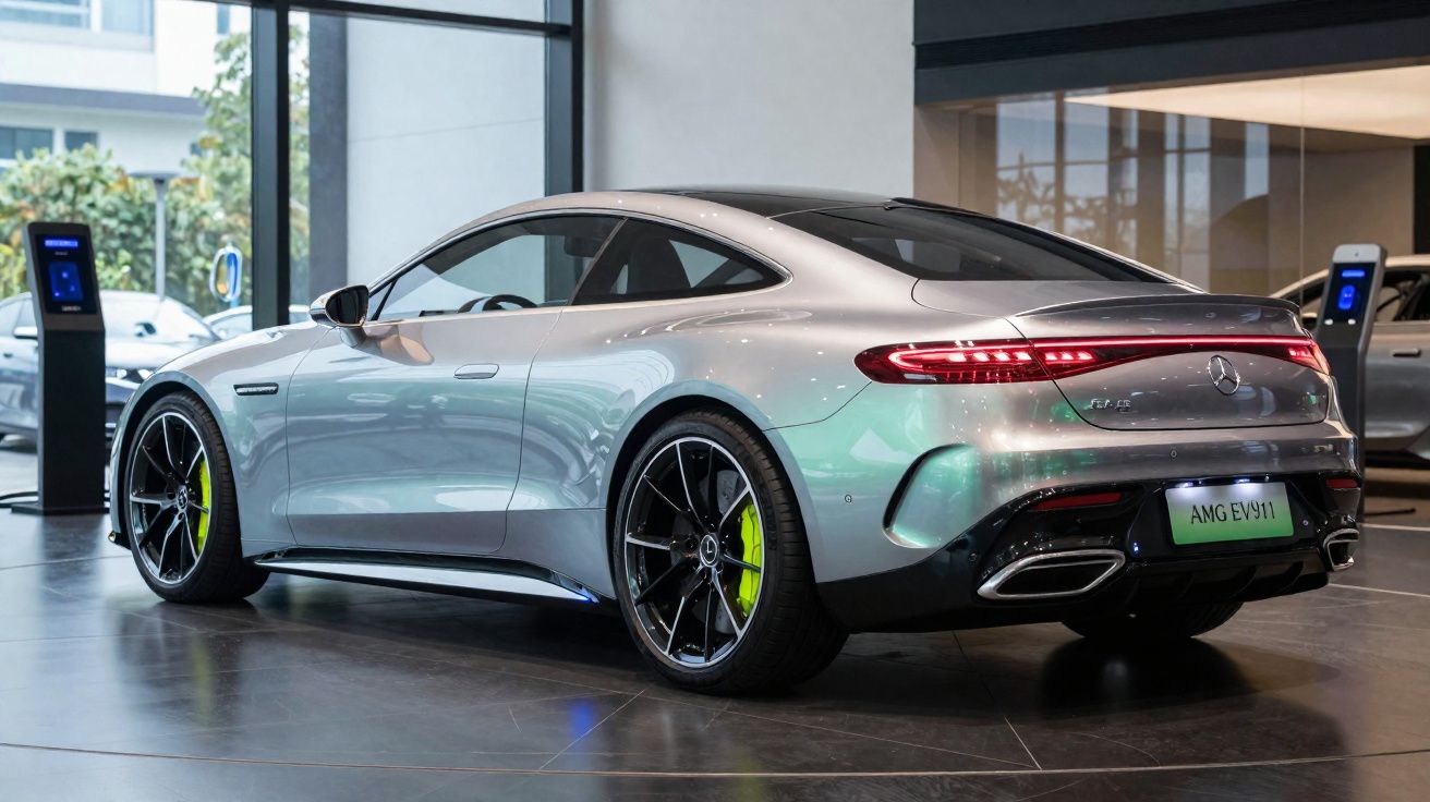 Carro desportivo eléctrico Mercedes-Benz prata estacionado numa área interior moderna.
