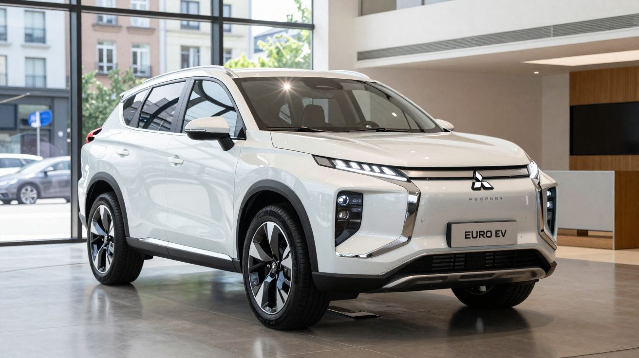 Carro elétrico Mitsubishi branco modelo Euro EV exposto em showroom moderno com janelas grandes.