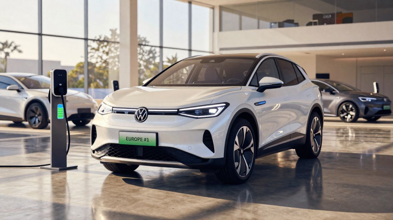 Carro elétrico Volkswagen branco estacionado numa estação de carregamento em espaço interior moderno.