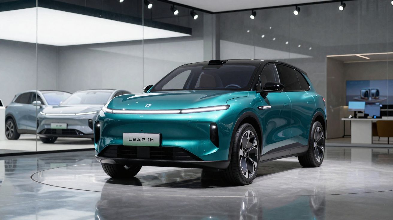 Automóvel elétrico azul futurista Leap 1M exposto em salão moderno com chão refletor.