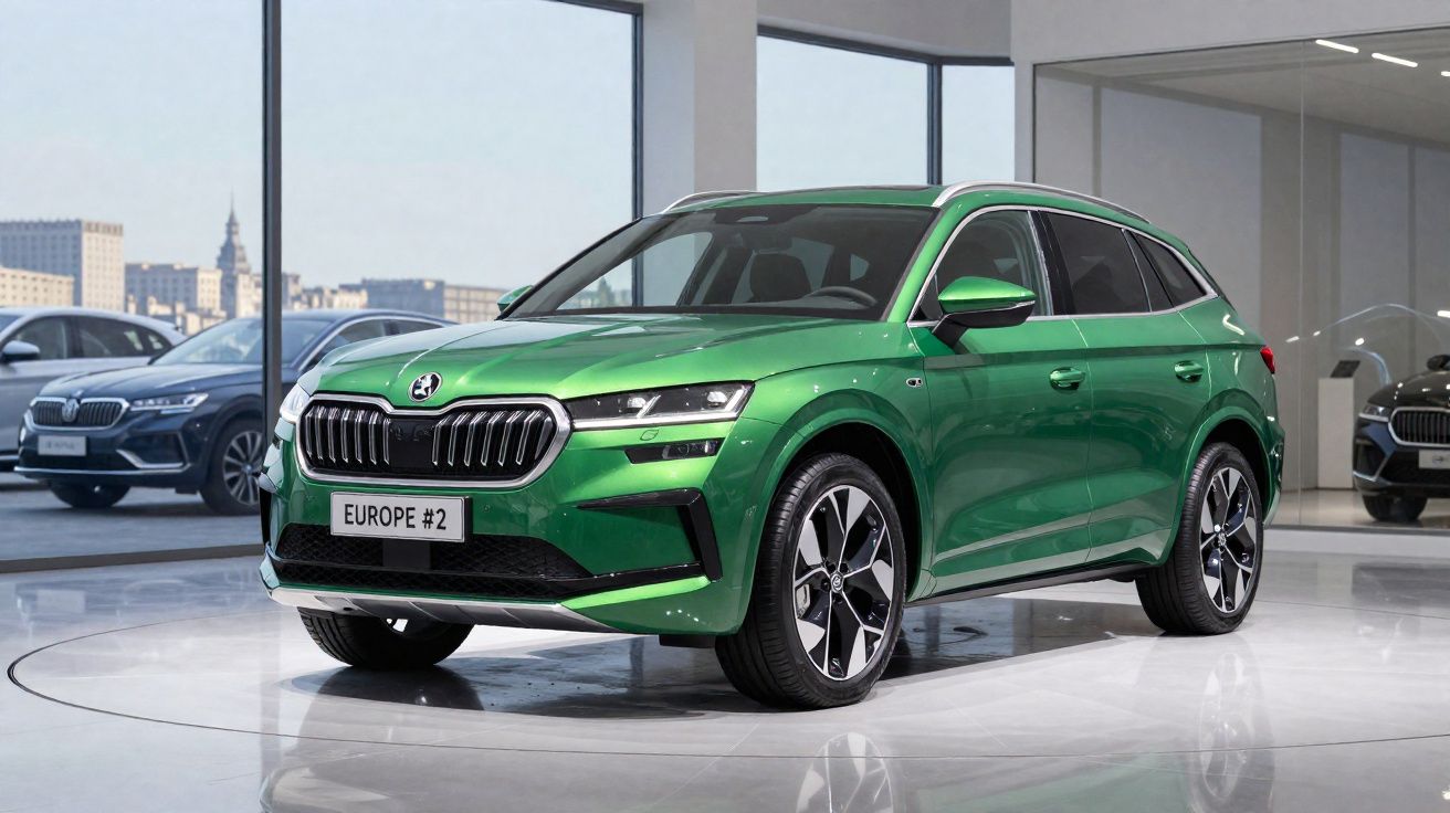 Carro SUV verde brilhante Škoda em exposição numa sala com janelas grandes e outros carros ao fundo.