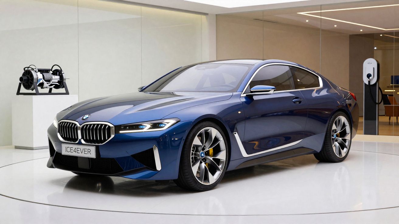 Carro BMW azul escuro elétrico exposto em sala moderna com carregador elétrico na parede.