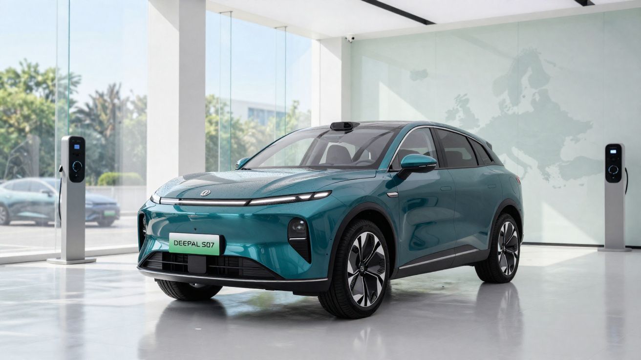 Carro elétrico azul Deepal S07 estacionado em showroom moderno com carregadores elétricos ao lado.