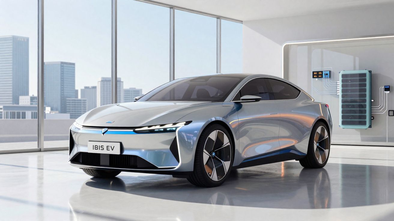 Carro elétrico cinzento IBIS EV estacionado em showroom moderno com grandes janelas e bateria visível na parede.