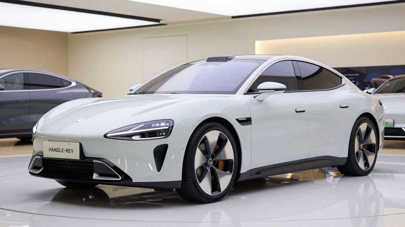 Carro elétrico branco de luxo, modelo Handle-Rey, exibido numa sala moderna e iluminada.