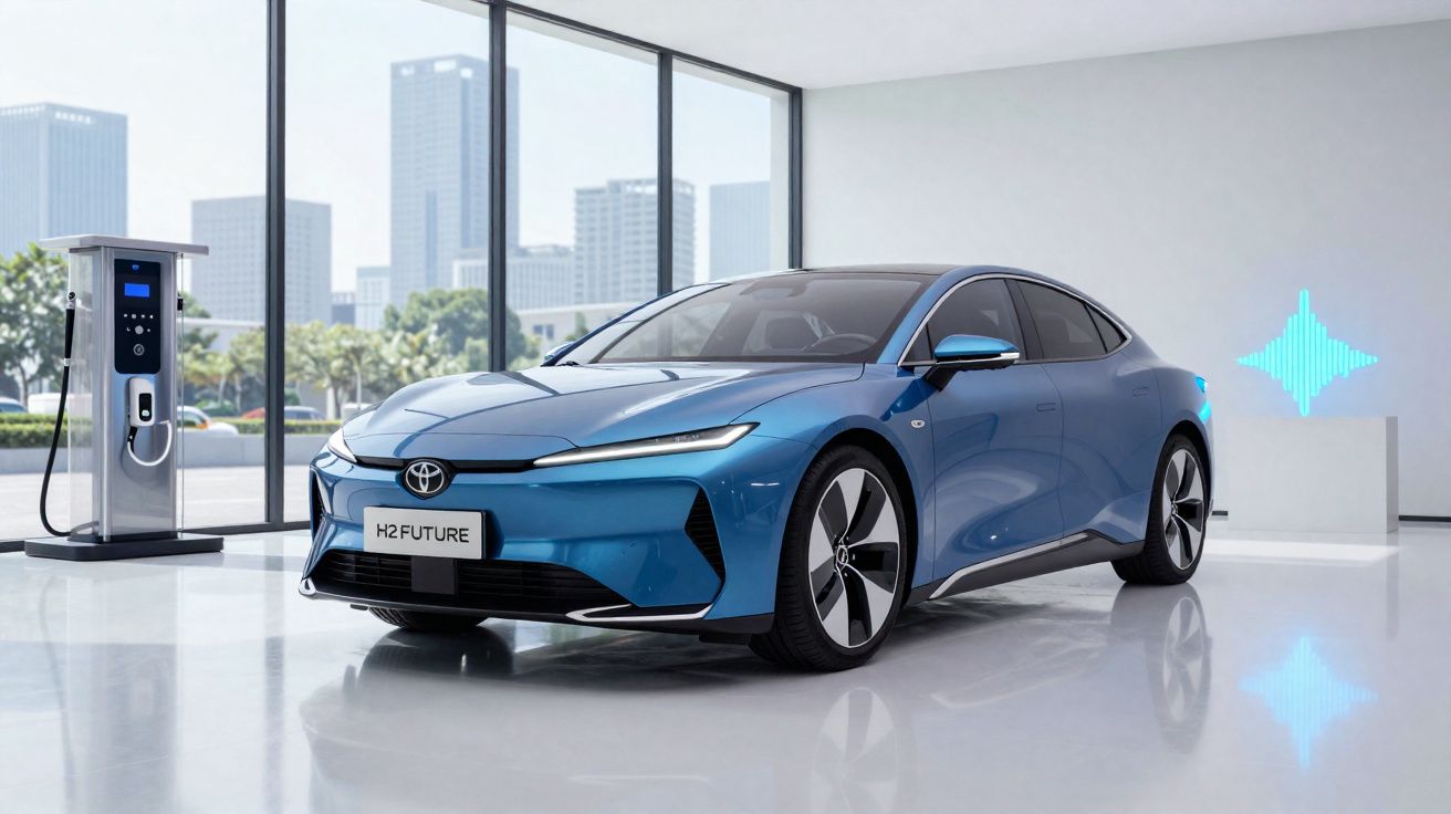 Carro elétrico azul H2 Future numa sala moderna com carregador e vista para edifícios urbanos.