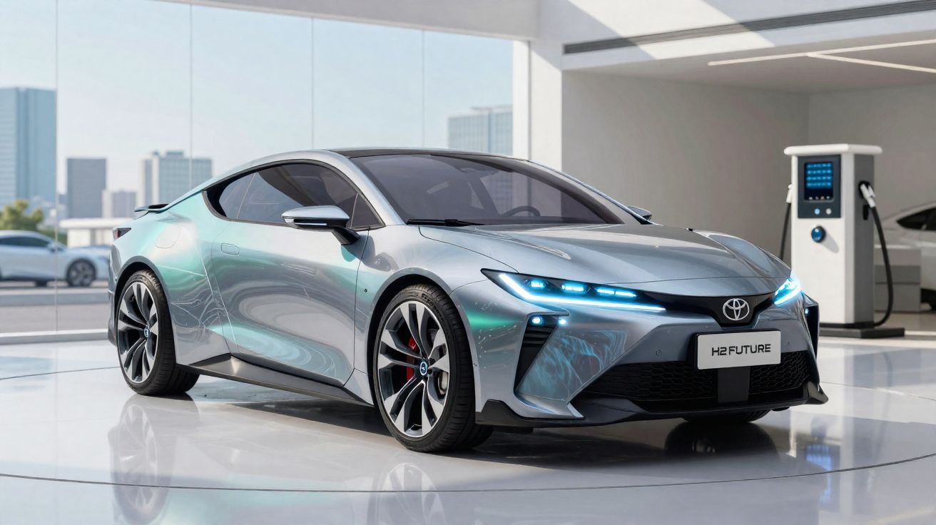 Carro desportivo elétrico prateado da Toyota estacionado numa estação de carregamento num showroom moderno.