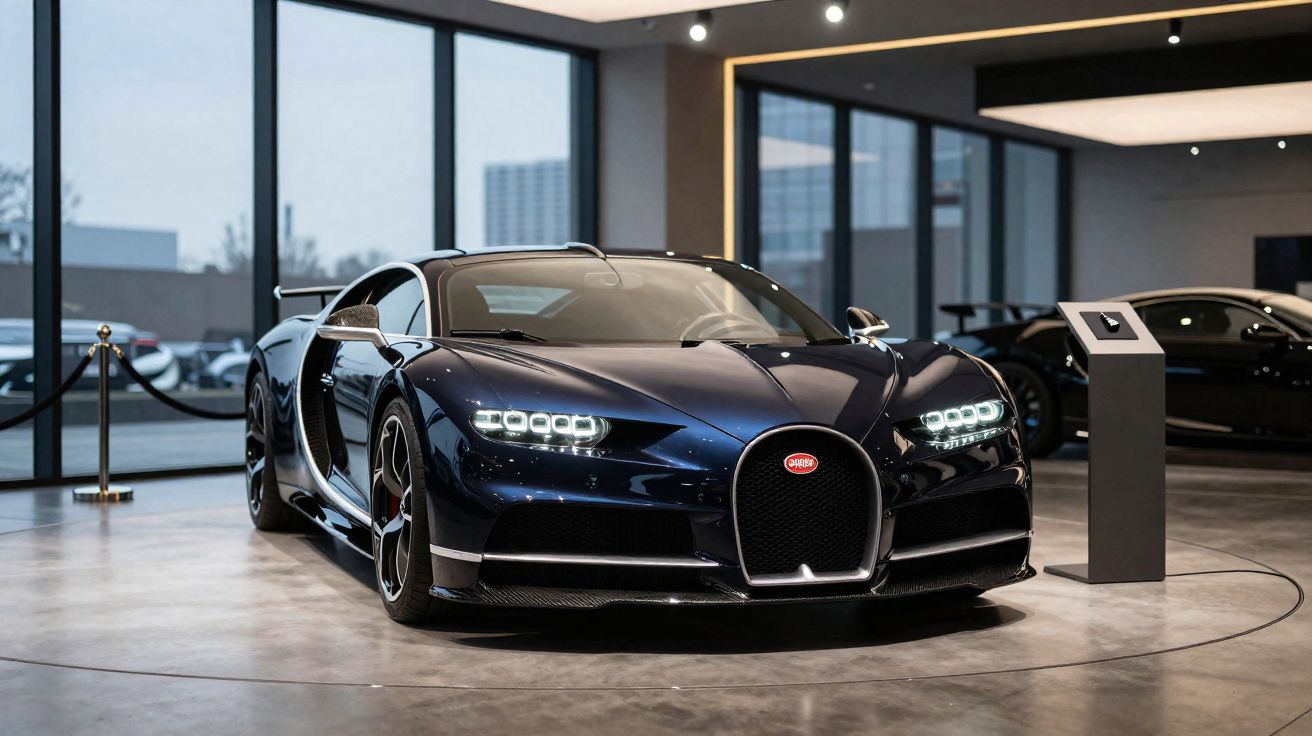 Automóvel desportivo Bugatti Chiron azul escuro em exposição num salão moderno com grandes janelas.