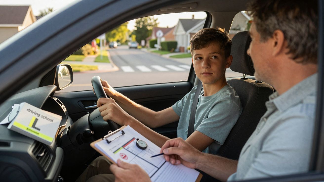Jovem aprendiz a conduzir carro com instrutor ao lado a avaliar durante aula de condução.
