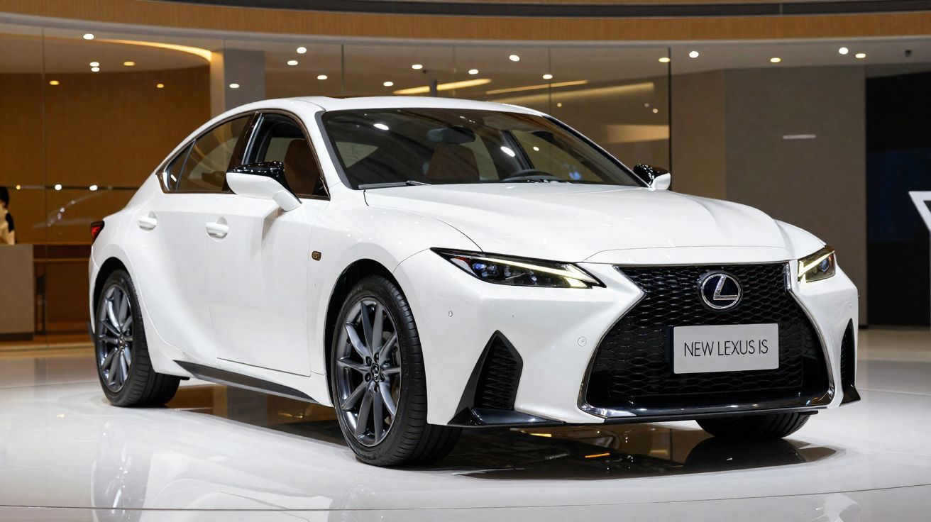 Carro desportivo branco Lexus IS novo exposto numa sala moderna e iluminada.