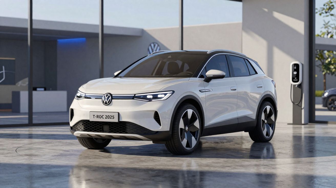 Volkswagen T-Roc elétrico branco 2025 estacionado junto a posto de carregamento em garagem moderna.