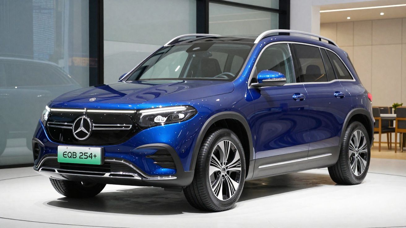 Carro SUV eléctrico Mercedes-Benz EQB 254+ azul exibido em interior moderno.