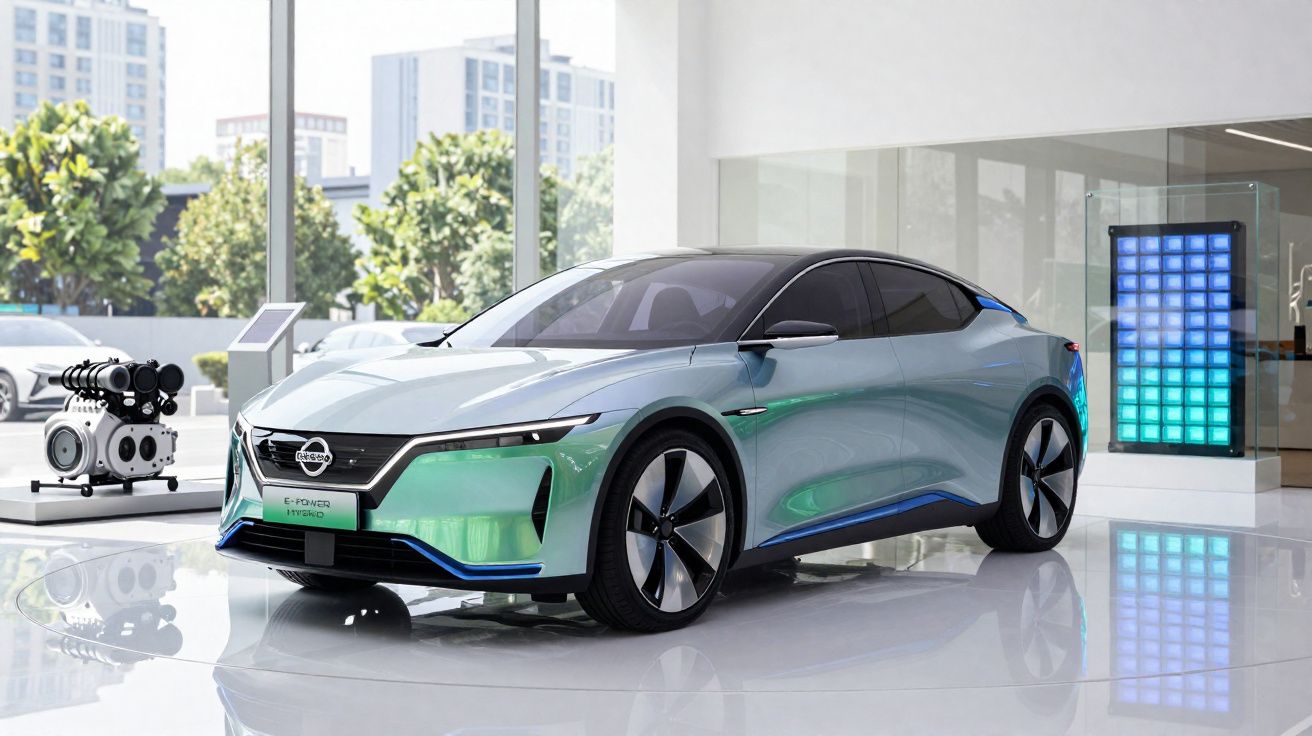 Carro elétrico moderno Nissan E-Power em exibição num showroom com janelas amplas e luz natural.