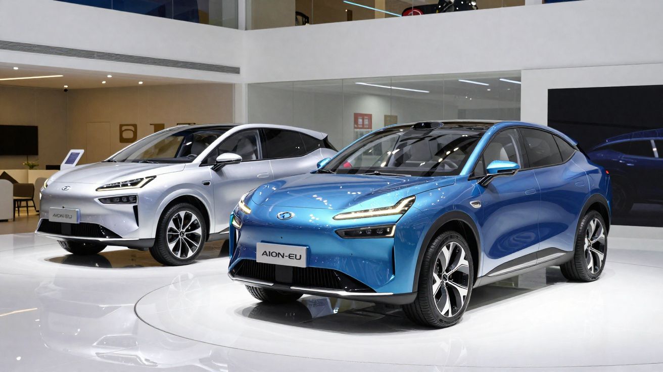 Dois carros elétricos modernos apresentados numa exposição, um azul à frente e outro prateado ao fundo.