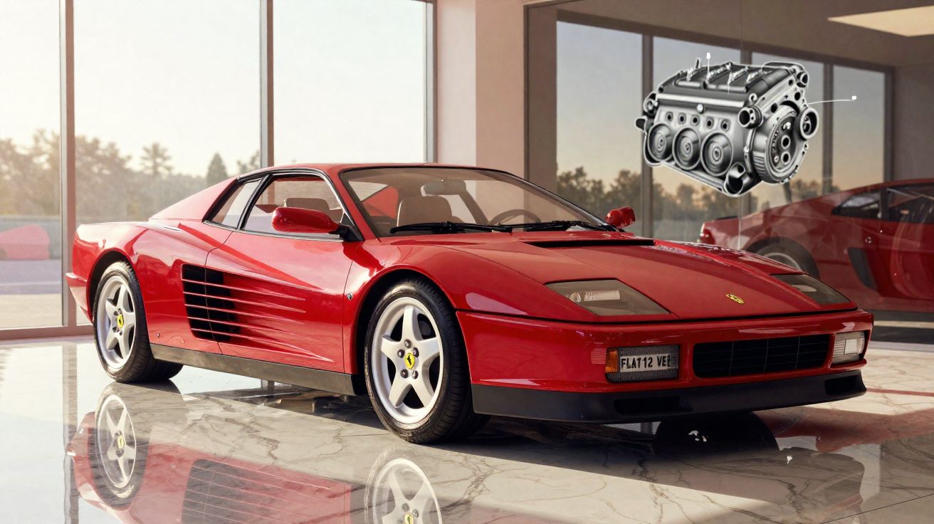 Carro desportivo vermelho brilhante estacionado num showroom com ilustração técnica de motor em sobreposição.