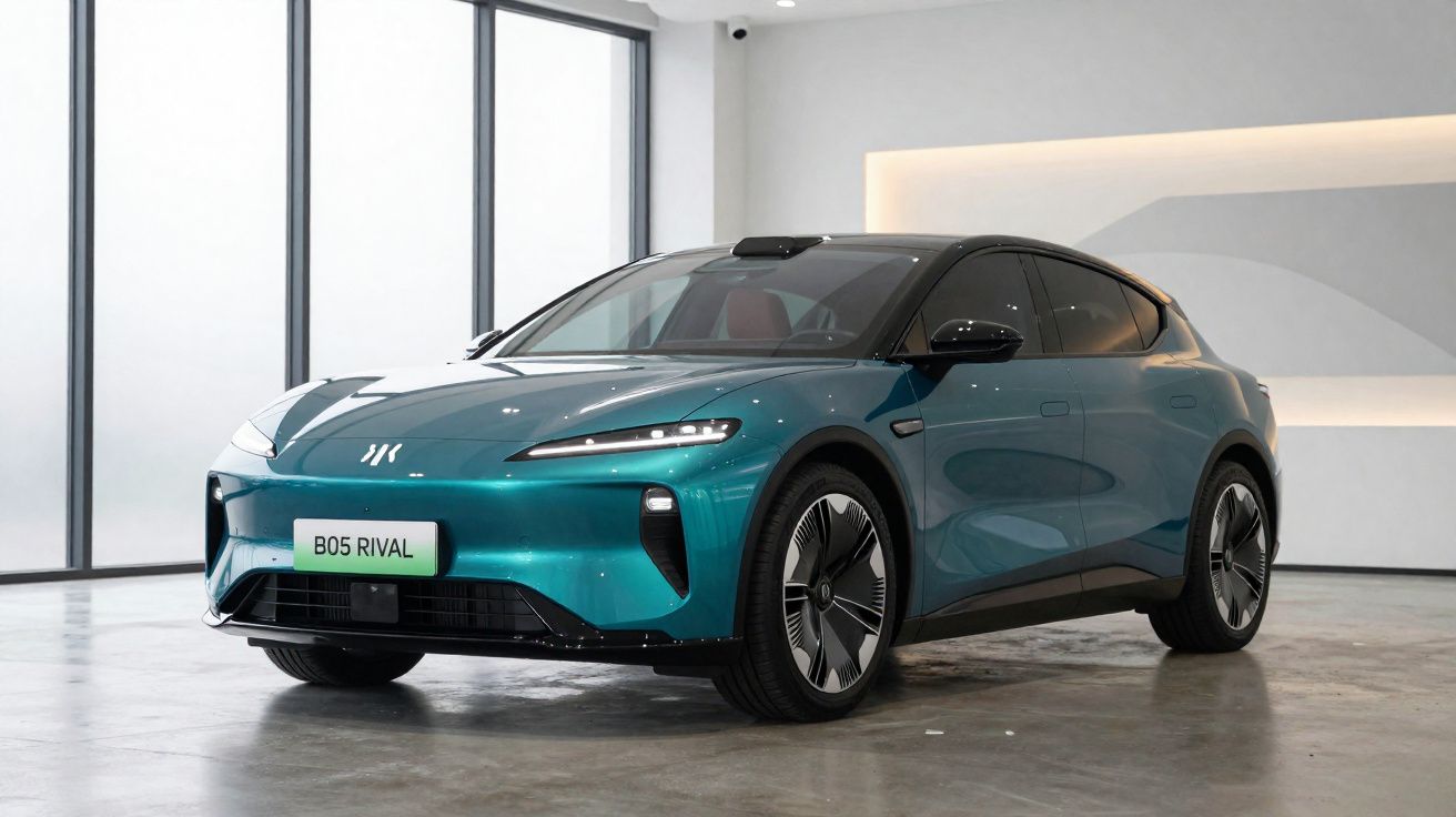 Carro elétrico azul brilhante modelo B05 Rival estacionado em espaço interior moderno e iluminado.