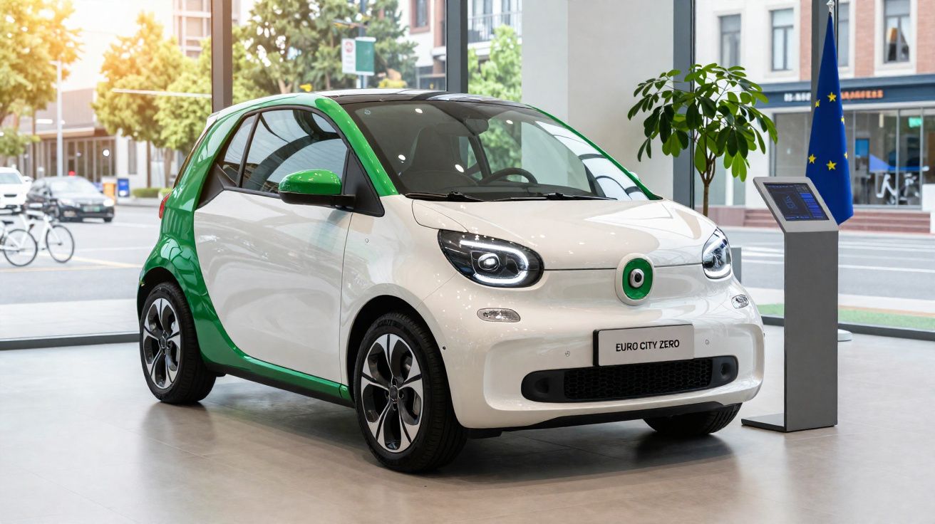 Carro elétrico compacto branco e verde exposto em showroom moderno com janelas grandes.