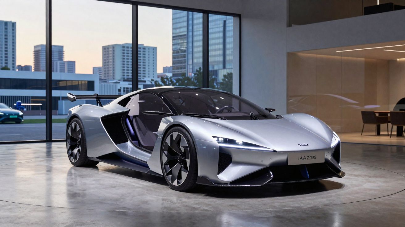 Carro desportivo futurista prateado com portas abertas numa sala moderna com janelas grandes.