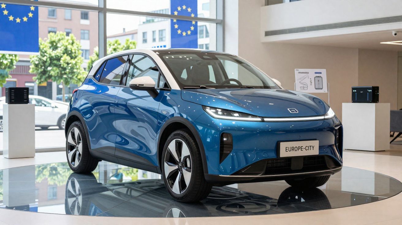 Carro elétrico azul exposto em interior moderno com janelas grandes e bandeiras da União Europeia.