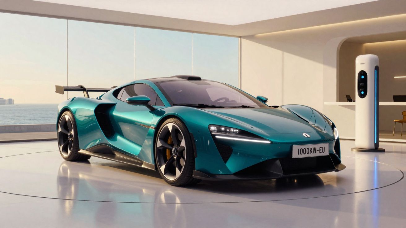 Carro desportivo elétrico azul estacionado numa garagem moderna com vista para o mar e posto de carregamento.