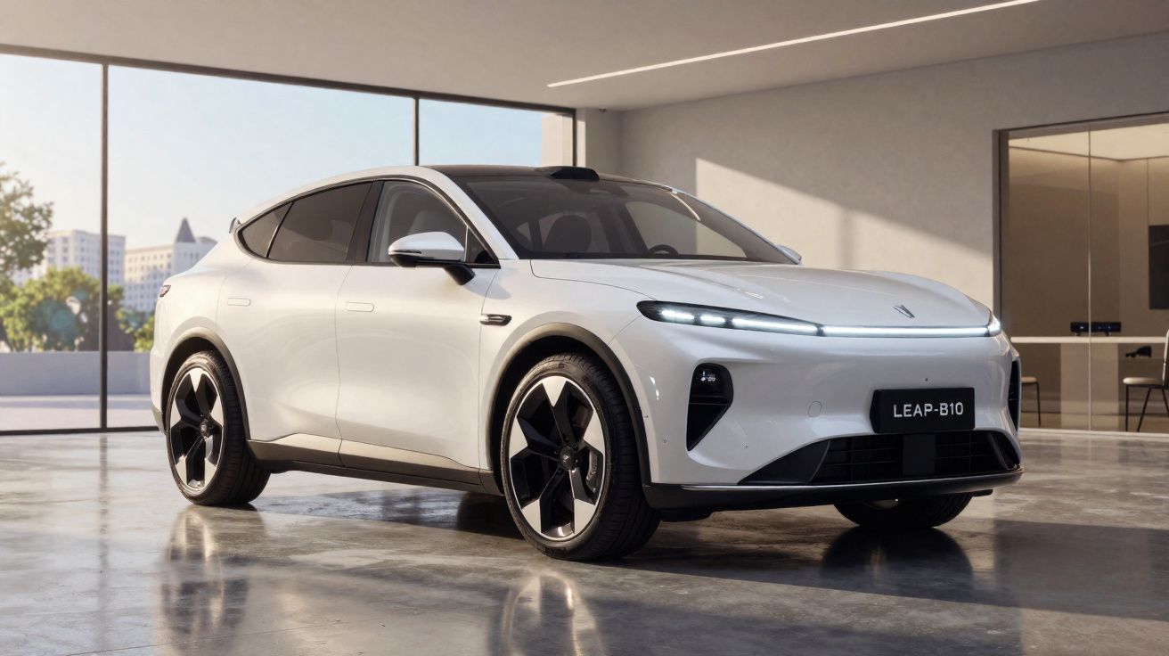 Carro elétrico branco LEAP-B10 estacionado num interior moderno com grandes janelas panorâmicas.