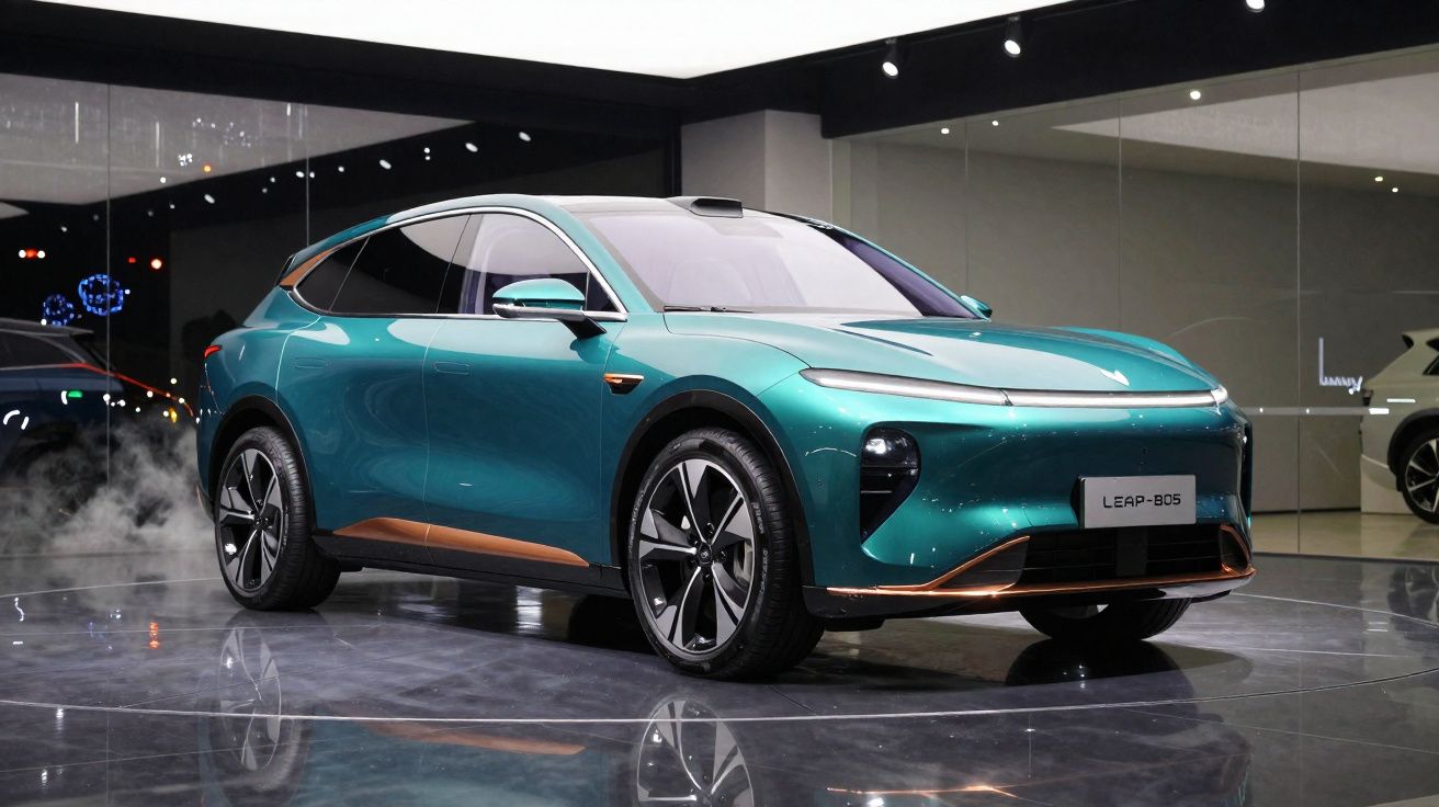 Carro elétrico SUV verde-azulado LEAP-805 exibido em salão com iluminação moderna e chão reflexivo.