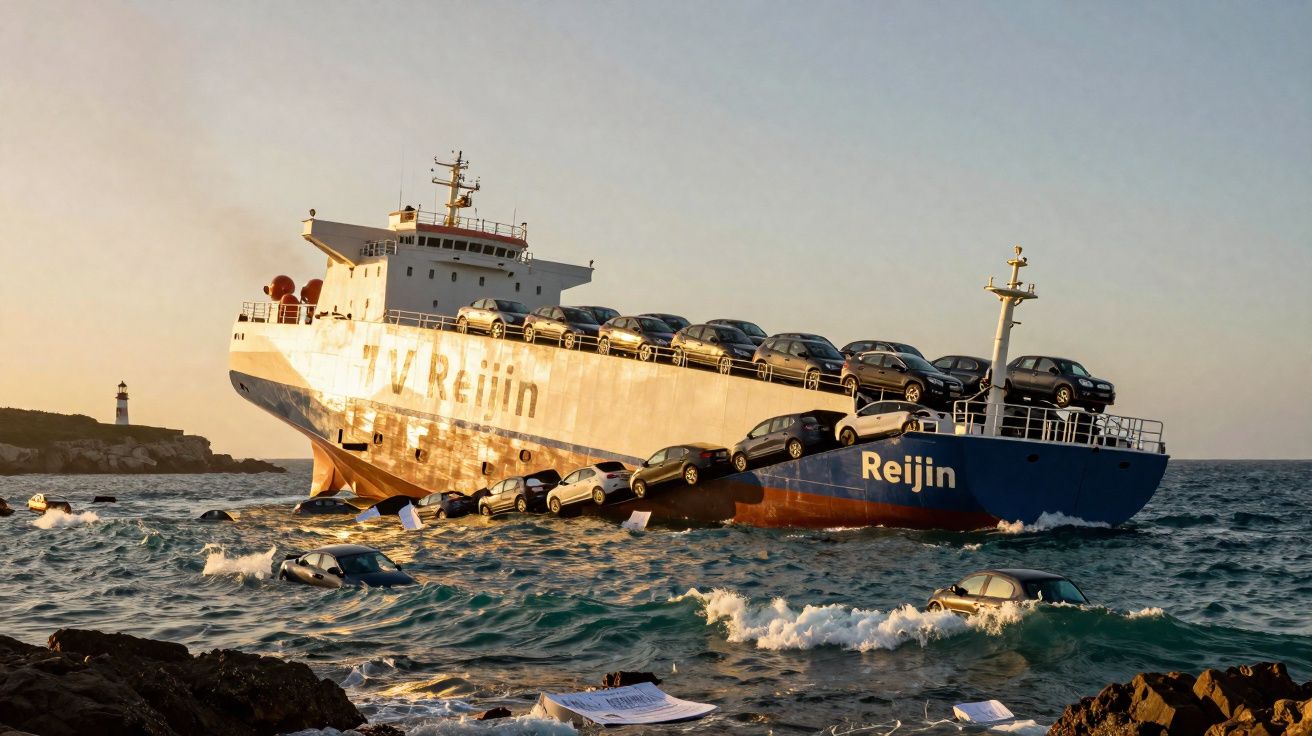 Navio cargueiro inclinado perde carros que caem para o mar junto a um rochedo e farol ao fundo.