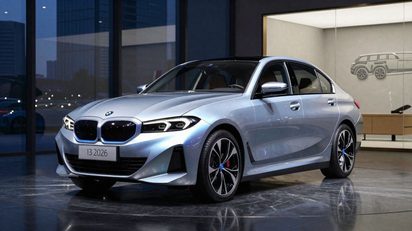 Carro BMW elétrico prata modelo i3 2026 estacionado em ambiente moderno com vidros e iluminação interior.
