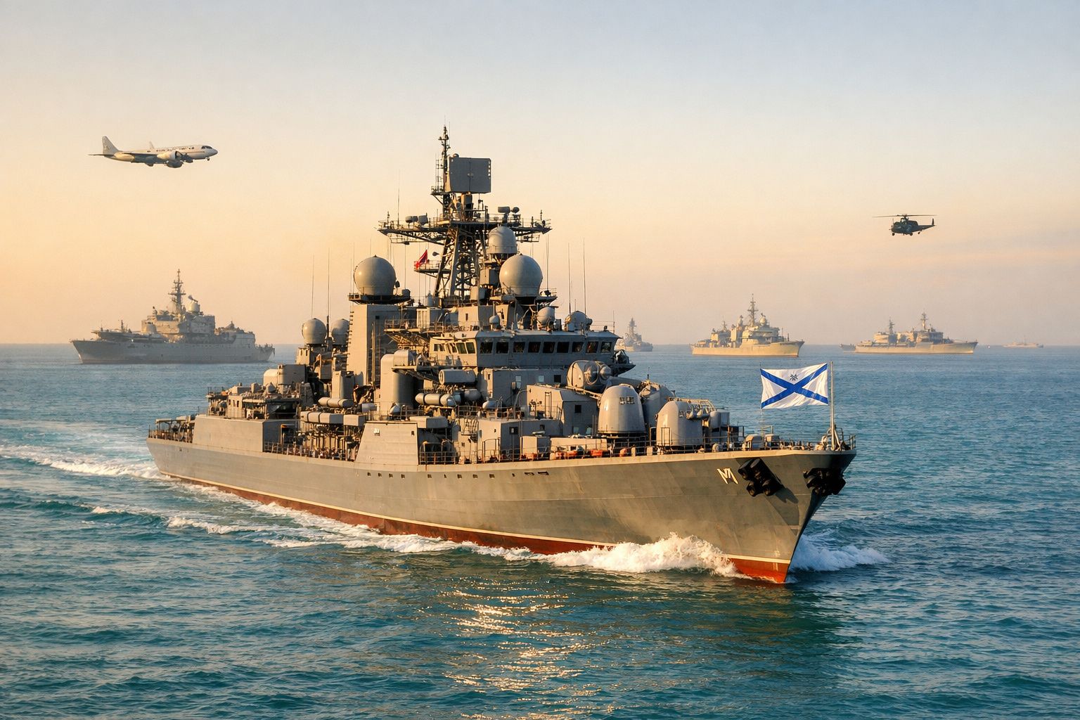Cruzador militar russo com bandeira naval, acompanhado por navios de guerra, um avião e um helicóptero no mar ao pôr do sol.