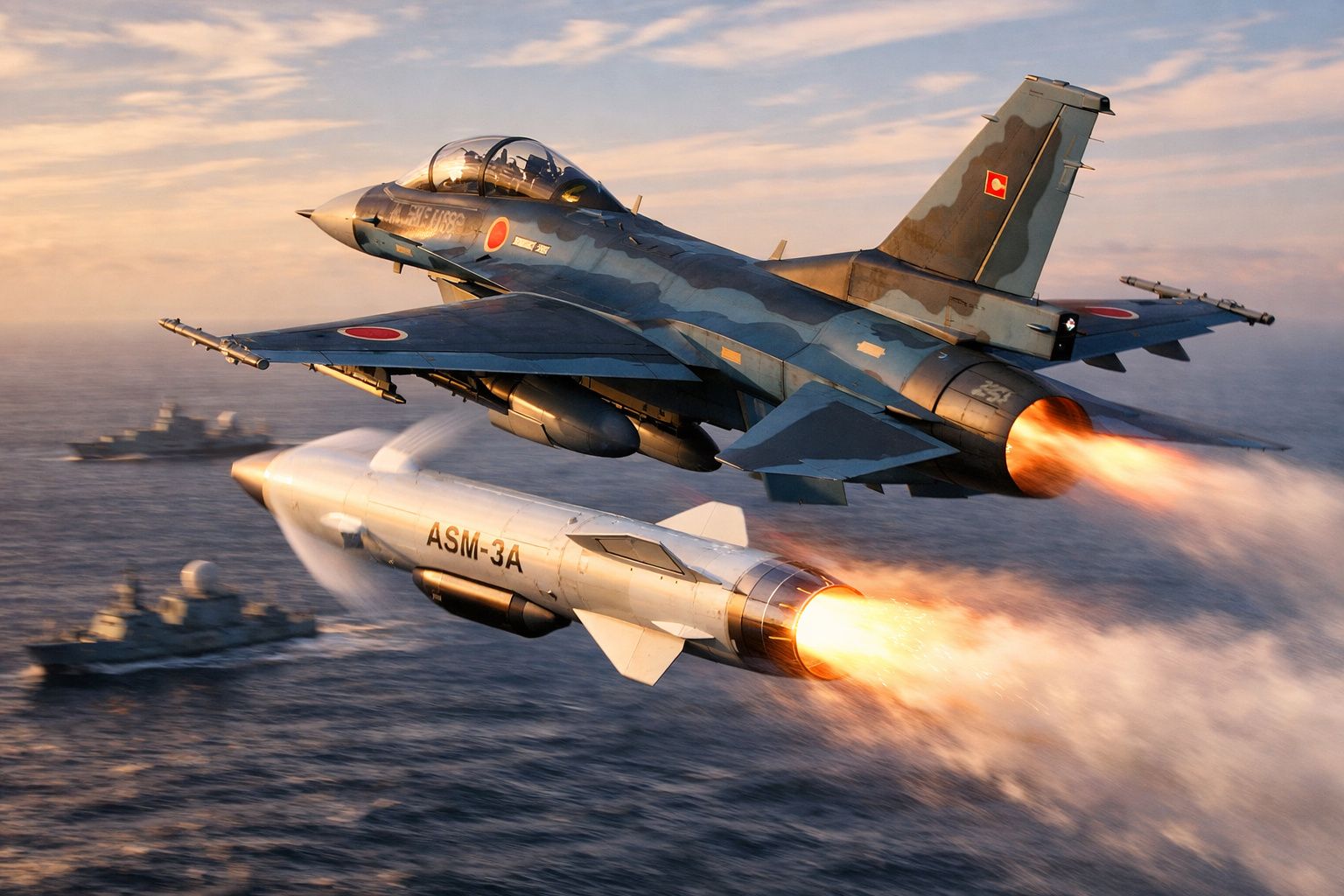 Caça militar a recuperar míssil de cruzeiro ASM-3A em voo sobre o oceano com navios de guerra ao fundo.