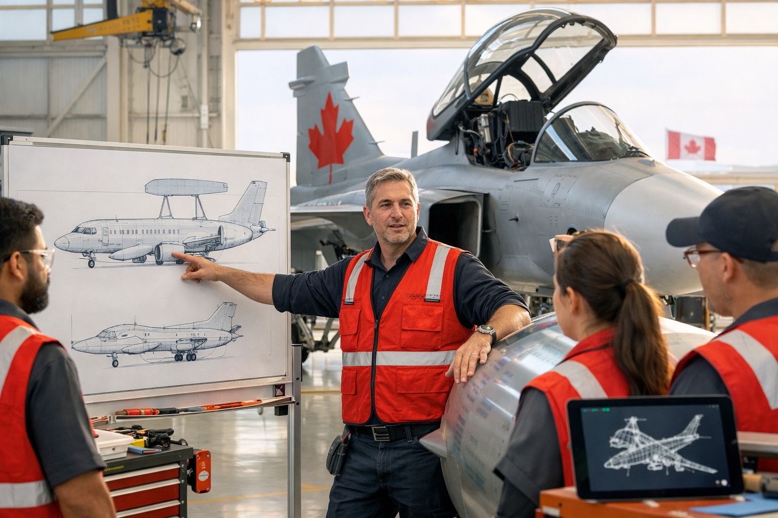Homem em colete de segurança vermelho explica projetos de aviões militares a equipa numa base aérea com avião ao fundo.