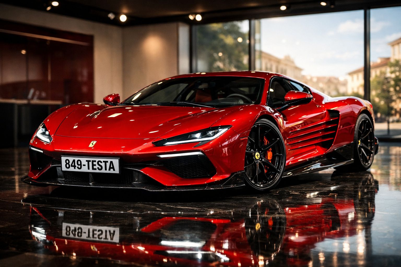 Carro desportivo vermelho Ferrari estacionado em interior com chão refletor e painel de vidro ao fundo.