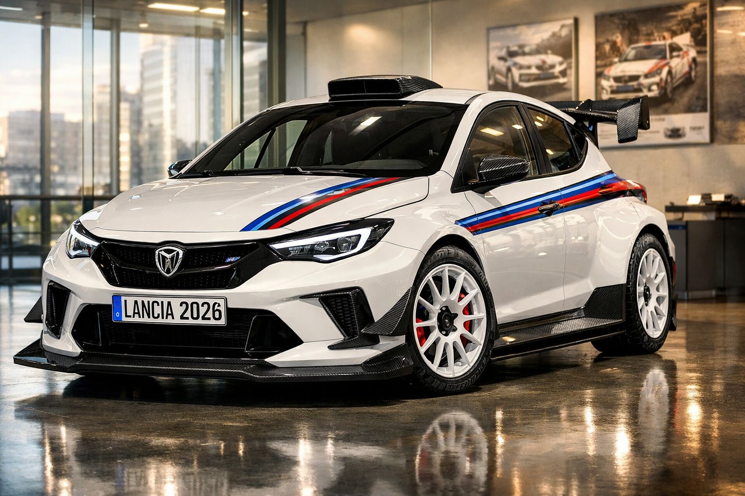Carro de corrida branco Lancia 2026 com faixas desportivas azuis e vermelhas em garagem moderna.