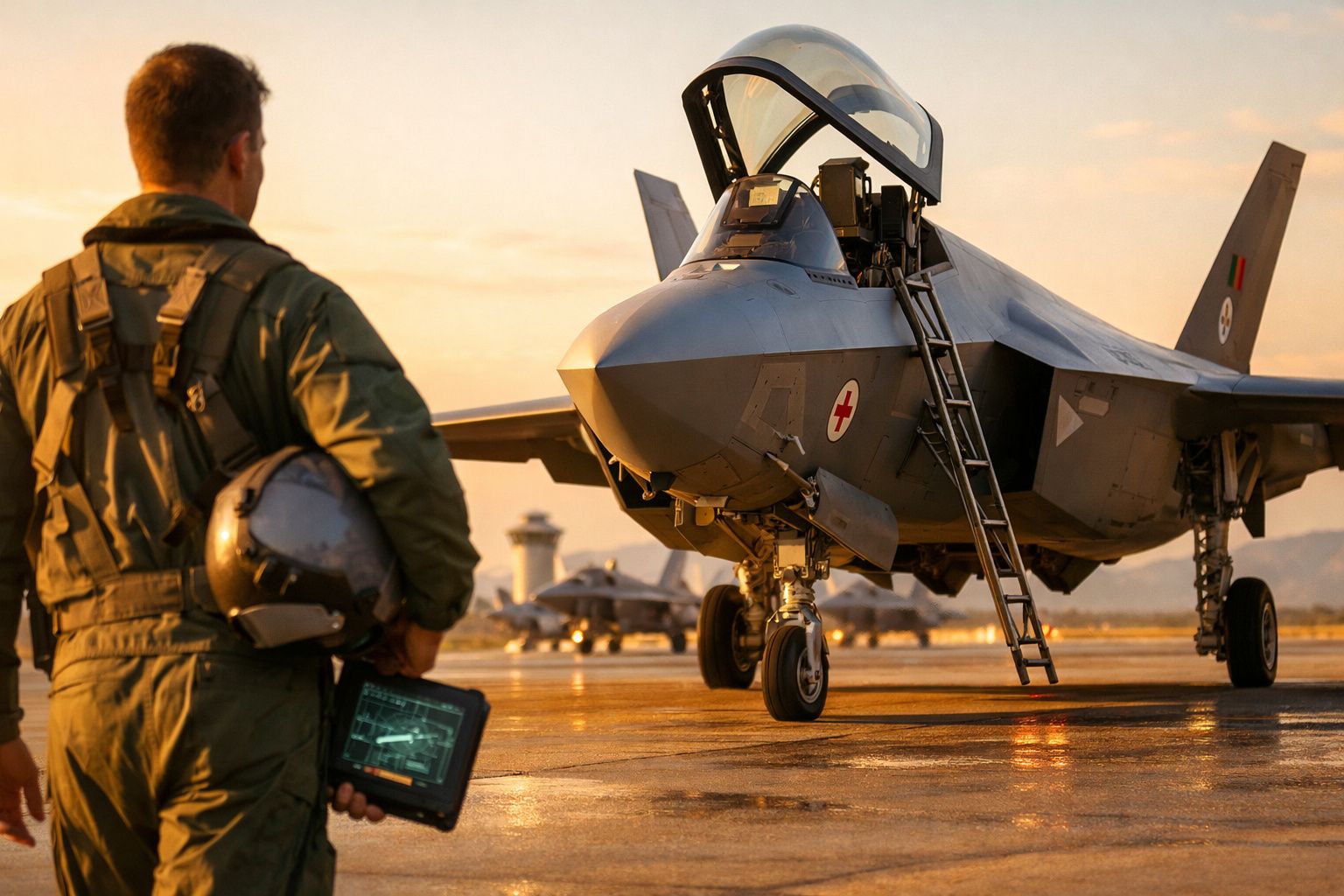 Piloto militar com capacete e tablet observa caça silencioso estacionado na pista ao pôr do sol.